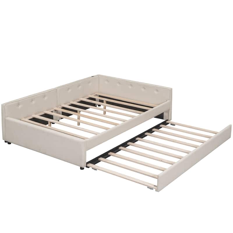 Roomfitters Full/Queen Size Upholstered Platform Bed with USB Port, Trundle Included, Beige