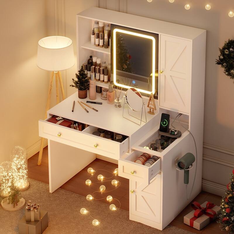 Modern White 3-Drawer Vanity Set with Sliding LED Mirror, Charging Station & 3-Color Lighting