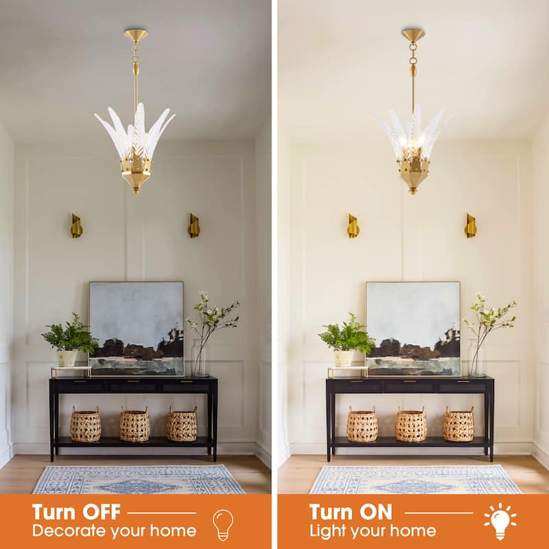 17" Modern Gold Flower 3-light Leaf-shaped Textured Glass Chandelier Hanging Light