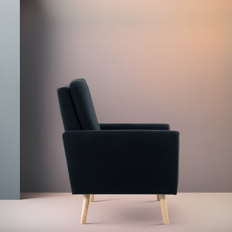 Mid-Century Accent Chair, Wooden Frame Armchair with Soft Teddy Fleece