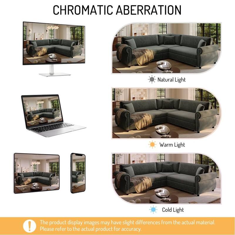 Homy Casa L-Shaped Sectional Sofa w/ Pull-Out Bed, Chenille Sleeper Couch w/ Nailhead Trim & Rolled Arm, Oversize