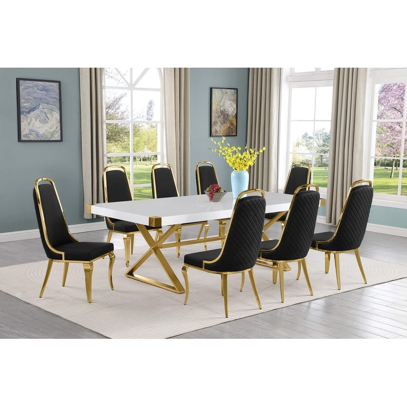 Best Quality Furniture D442/3-SC310-7 Dining Set with 94" White Lacquer Wood Top - 9-Piece - Black / Gold