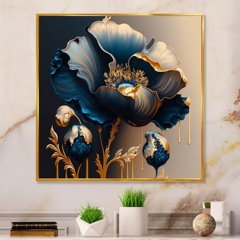 Designart "Deep Blue And Gold Single Flower V" Floral & Botanical Framed Canvas Art Print