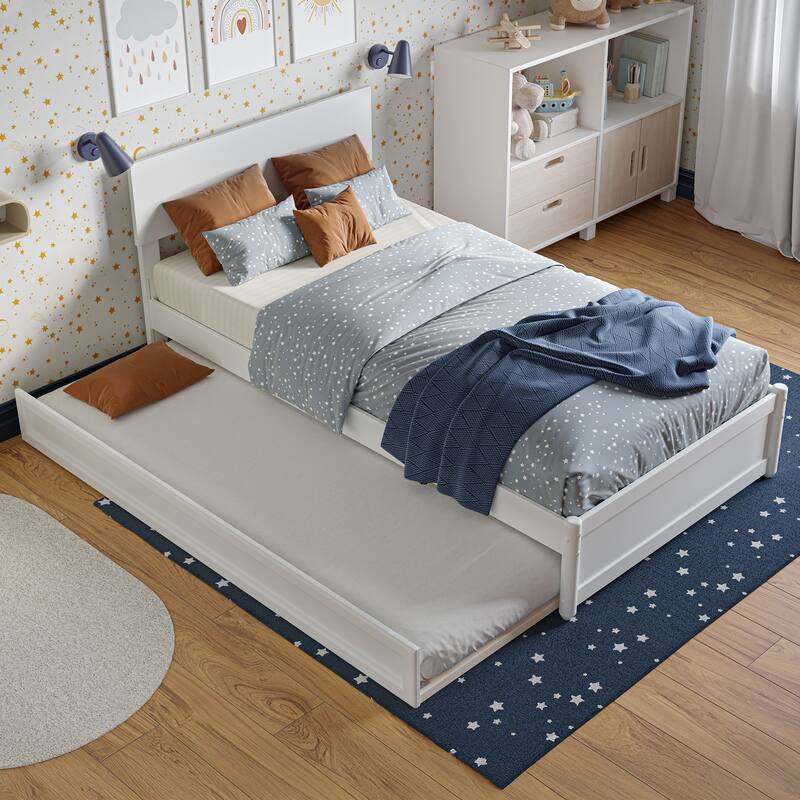 Wesley Twin Platform Bed with Panel Footboard & Twin Trundle in White