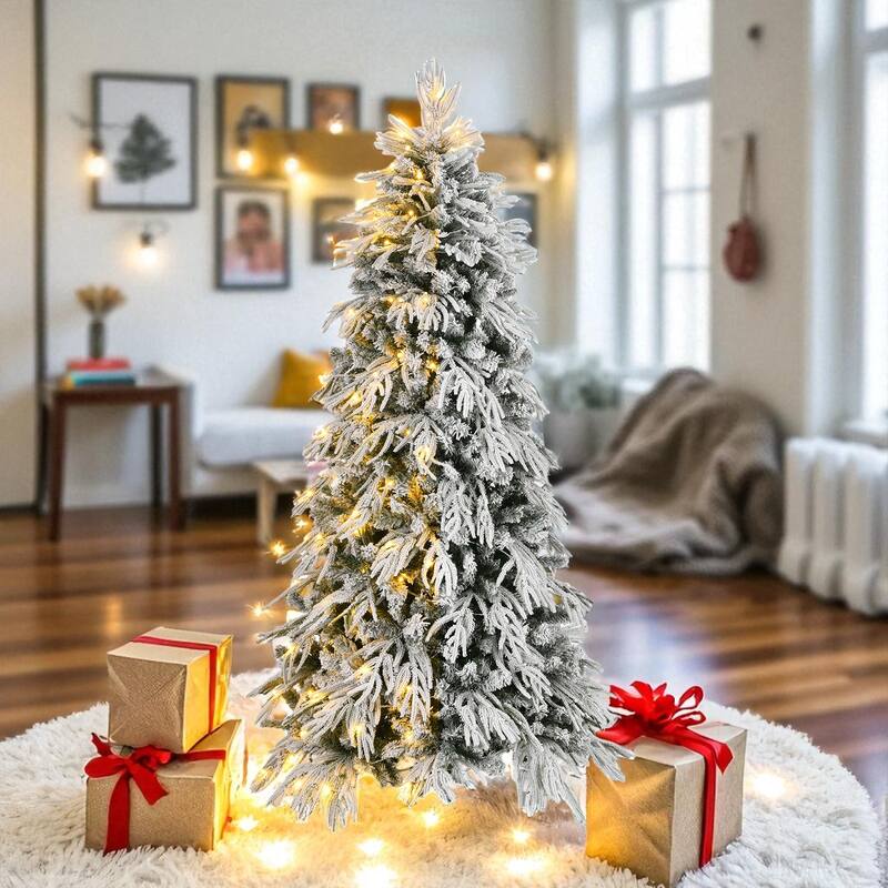 7ft/8ft Slim Flocked Pre-Lit Christmas Tree with 767/950 Tips and 250/350 Warm LED Lights, Metal Stand