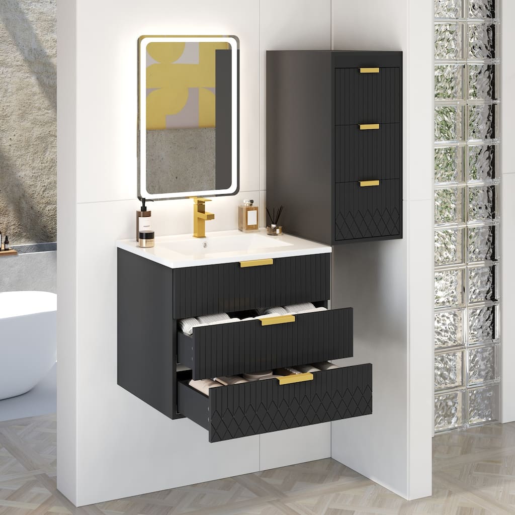 24 inch Wall Mounted Bathroom Vanity with Ceramic Sink, Side Cabinet & Single Hole Faucet