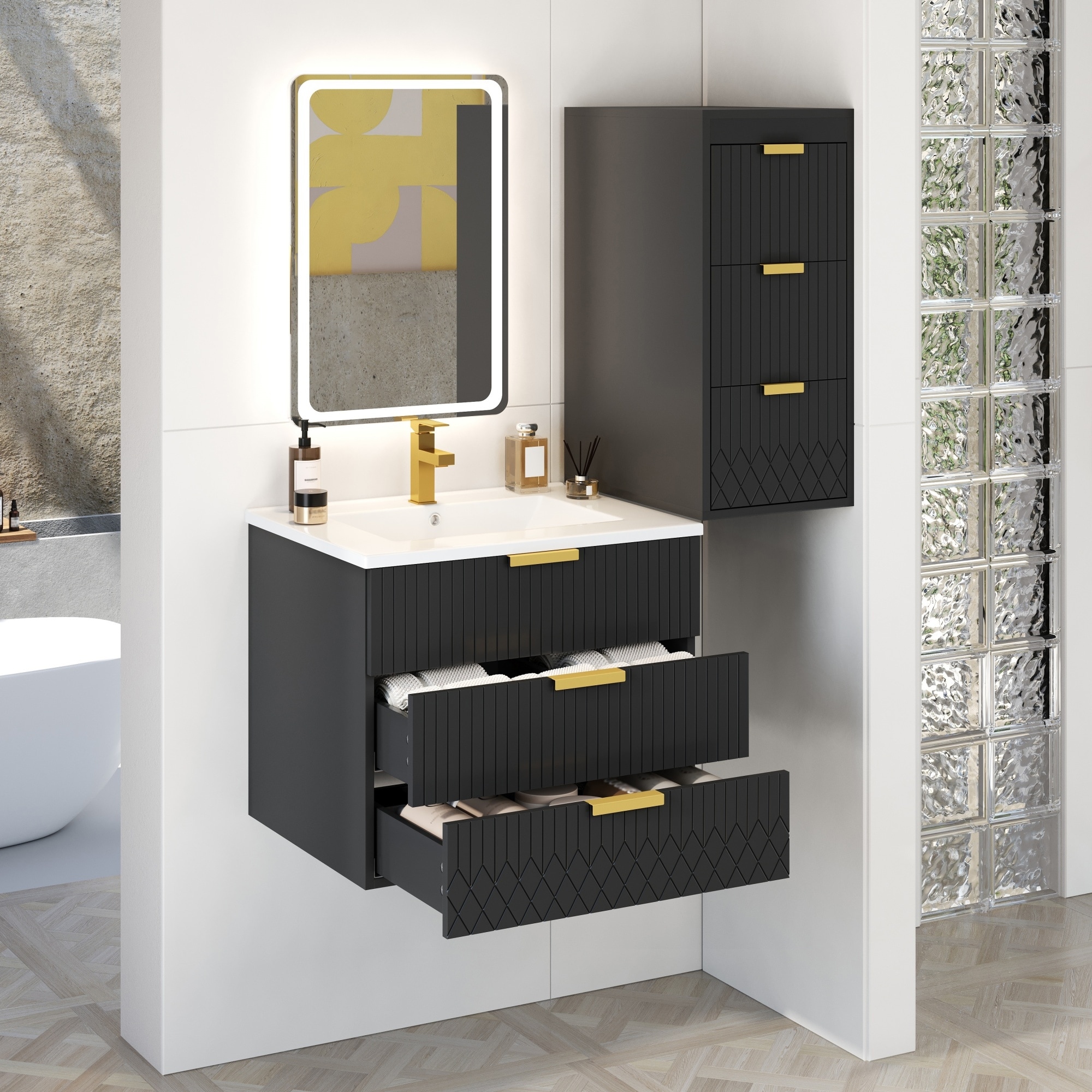 24inch Wall Mounted Floating Cabinets w/Side Cabinet Combo,Floating Rectangular Vanity Small Bathroom Sink