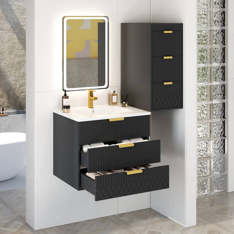 Roomfitters 24 Inch Wall Mounted Floating Vanity & Side Cabinet Combo, Modern Storage Station with Ceramic Basin Sink - Black