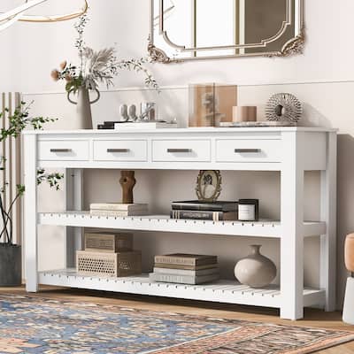 Stylish Entryway Console Table with 4 Drawers and 2 Shelves, Suitable for Entryways, Living Rooms.