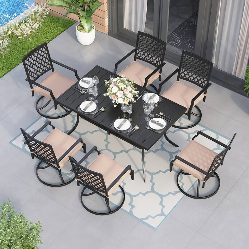 MAISON ARTS 7 Pieces Patio Dining Set, 6 x Swivel Dining Chairs with Cushion and 1 Metal Table with 2.6" Umbrella Hole - Black