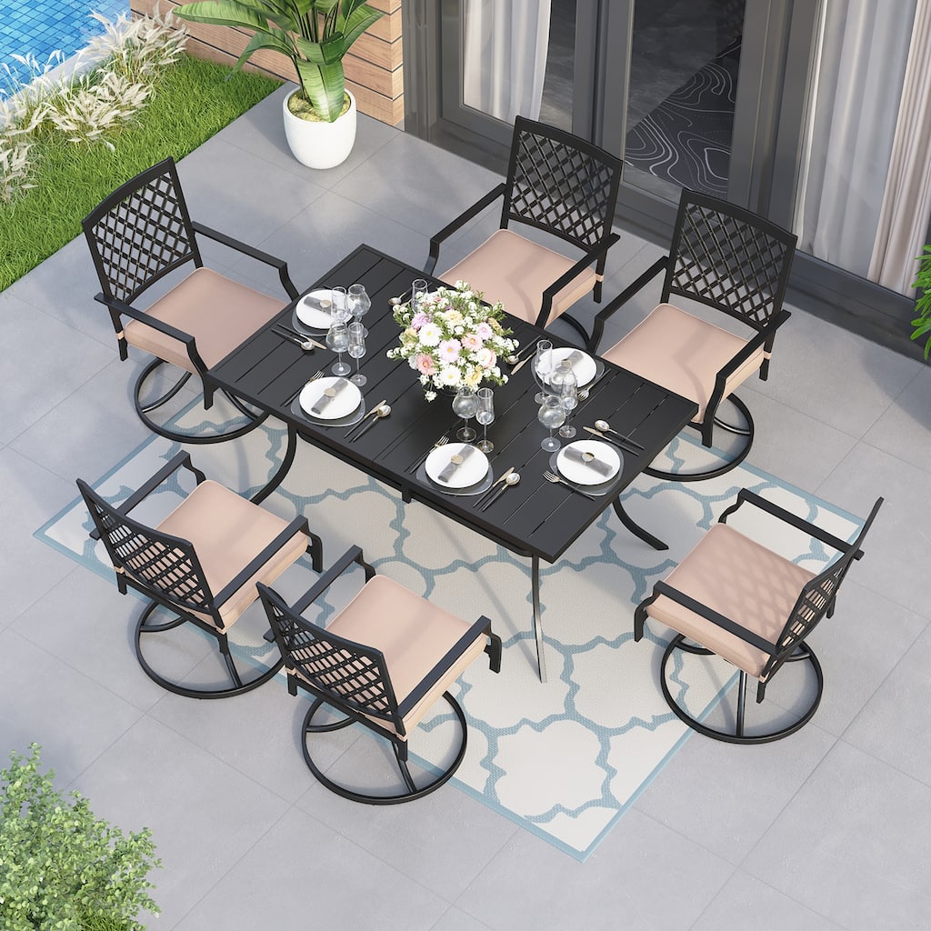 MAISON ARTS 7 Pieces Patio Dining Set, 6 x Swivel Dining Chairs with Cushion and 1 Metal Table with 2.6" Umbrella Hole