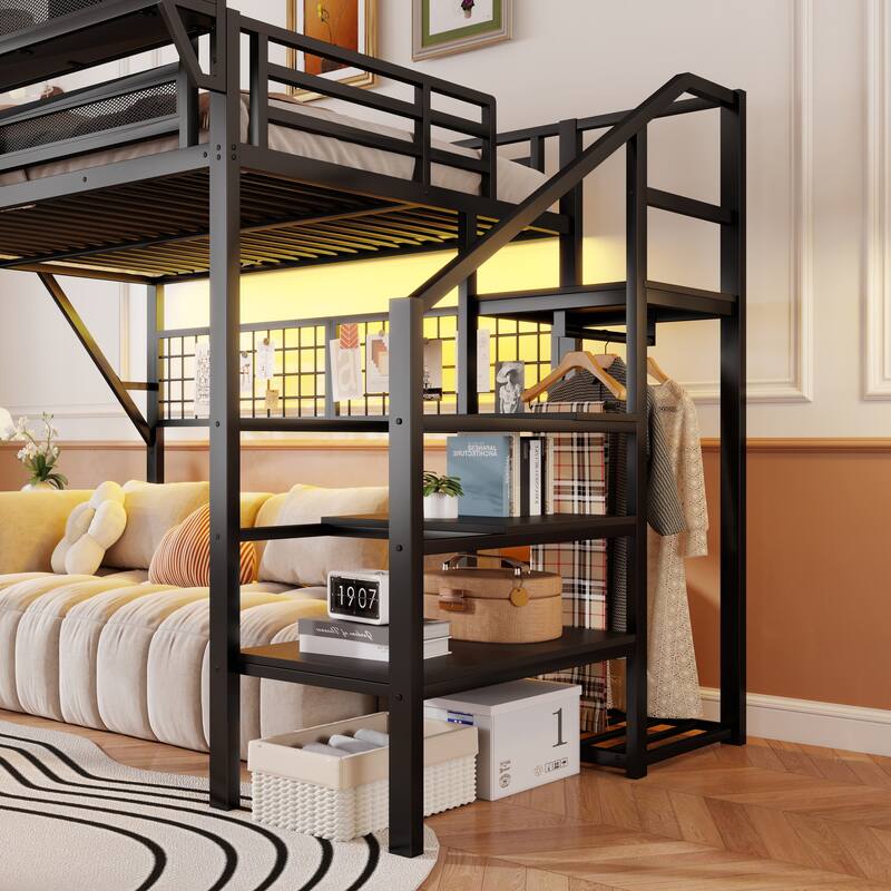 Queen/Full Loft Bed with Stairs, Storage & Wardrobe, Metal High Loft Bed with Lighting