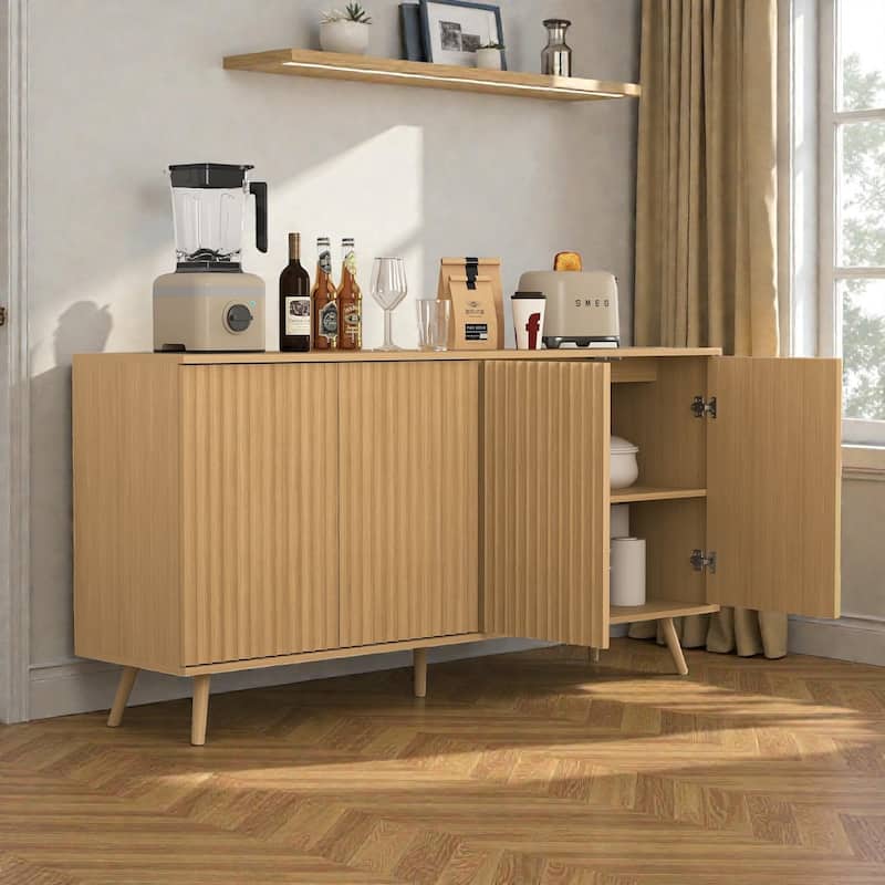 Modern Farmhouse Sideboard Storage Cabinet with 4 Doors, Wood Coffee Bar Credenza Console with Adjustable Shelves
