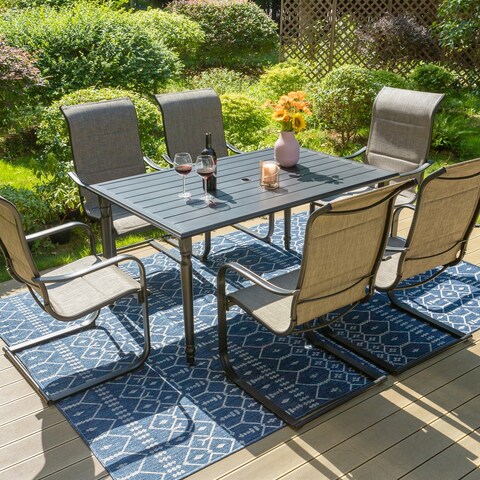 7-Piece Patio Dining Sets , 6 Textilene Fabirc Chairs and 1 Metal Table with Umbrella Hole