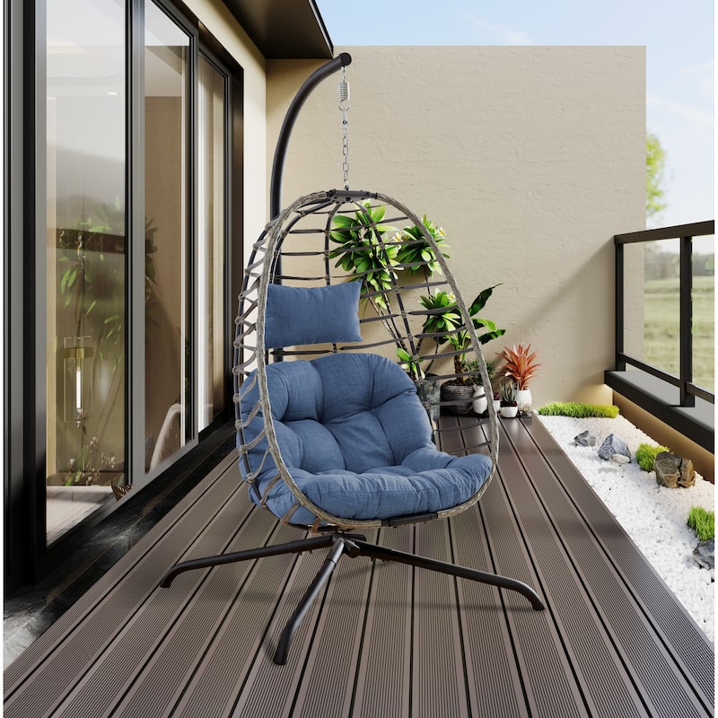 Foldable Wicker Hanging Egg Chair with Stand - Grey/Blue