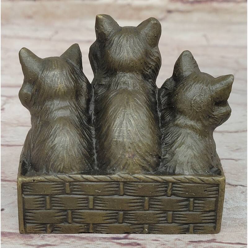 Three Cute Kittens Imitative Cats In A Flower Box - Bronze Sculpture Original Art By Milo