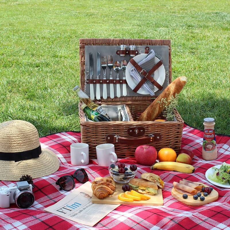 Picnic Basket for 2, Willow Hamper Set with Insulated Compartment, Handmade Large Wicker Picnic Basket Set with Utensils Cutlery