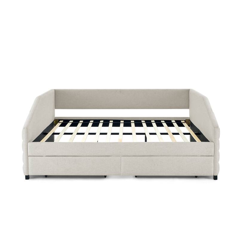 Twin/Full/Queen Size Upholstered Daybed with 2 Drawers, Linen Fabric Upholstered Sofa Bed, Wheeled Storage Daybed w/ Wood Frame