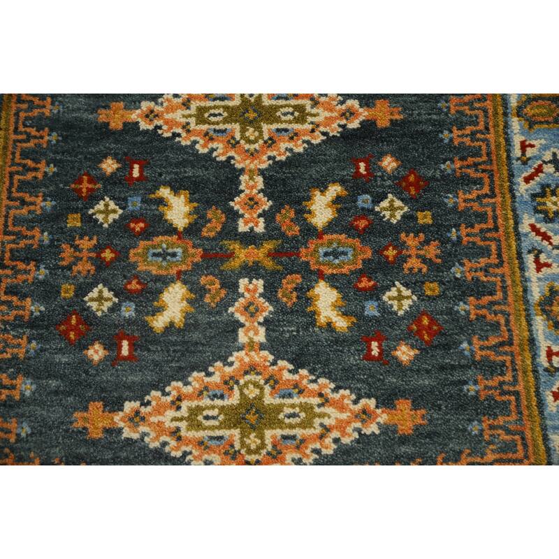 Hand Knotted Oriental 100% Wool Carpet Traditional Geometric Navy Blue & Blues Viss Runner Rug - 8' 9'' X 2' 7''