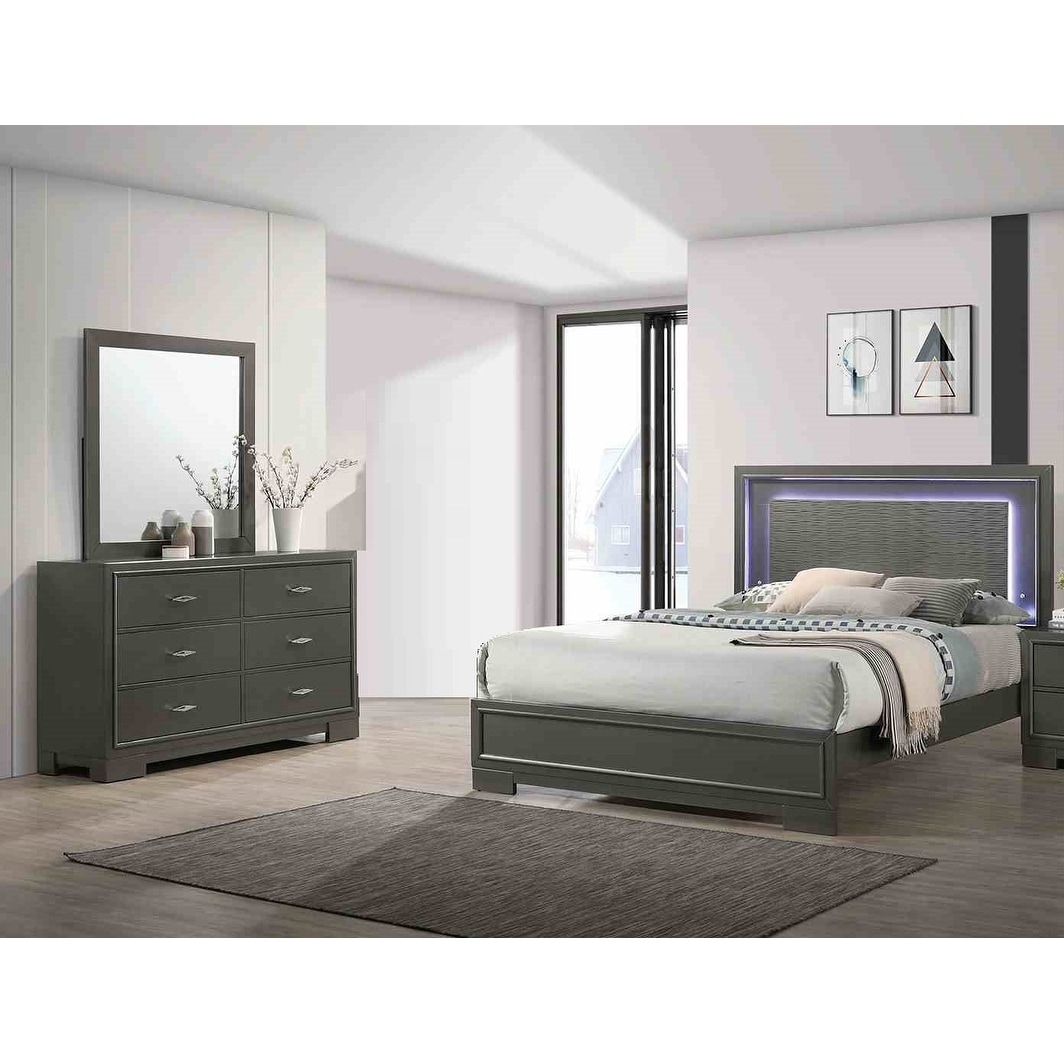 Modern 3pc Gray LED Bed Dresser Mirror Bedroom Set
