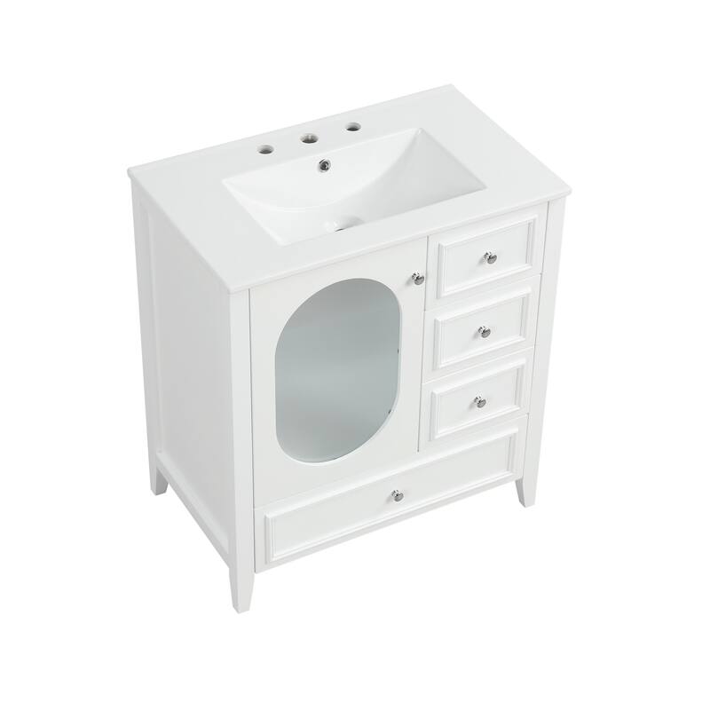 30" Bathroom Vanity with Sink, Bathroom Vanity Cabinet with Three Drawers and Door, Solid Wood and MDF, White