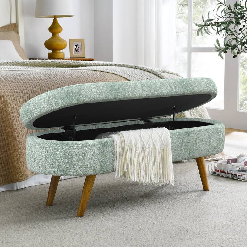 Upholstered Bench with Rubberwood Legs Entry Ottoman Seat, Exquisite Storage Stool Decorative Stool with Flipping Lid