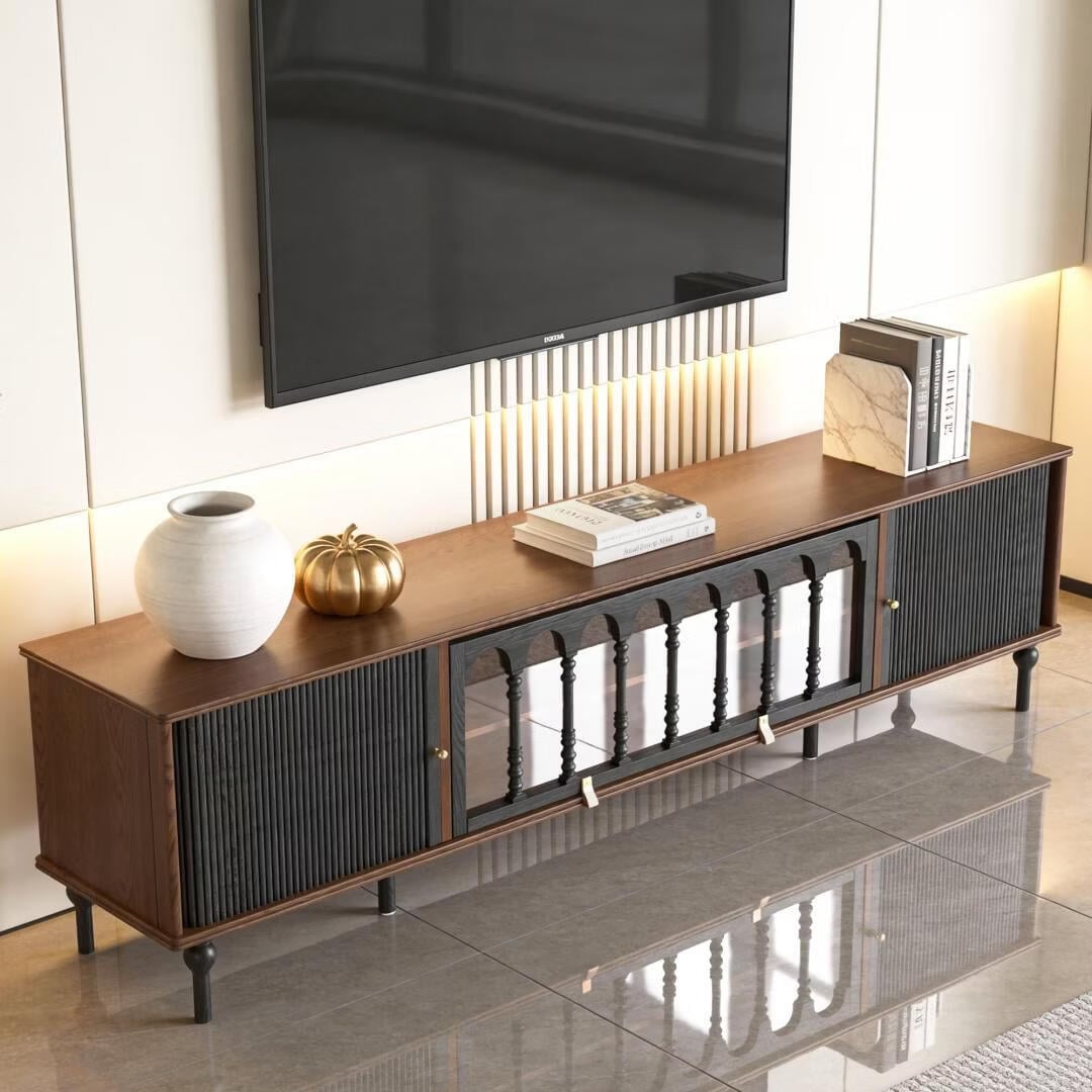 Mid Century TV Stand Walnut Black Wood Acrylic Doors Storage Media Console - 78.74" W x 15.7" D x 21.65" H