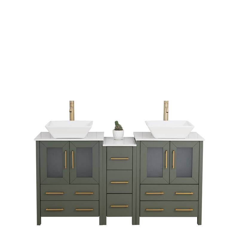 Vanity Art 60" Double Sink Bathroom Vanity Set with Engineered Marble Top and Free Mirror - 60 W X 18.5 D X 31.1 H