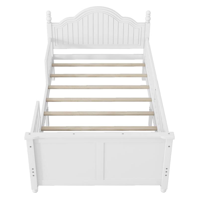 White Twin Size Wood Platform Bed with Headboard, Footboard, and Safety Guardrails for Kids