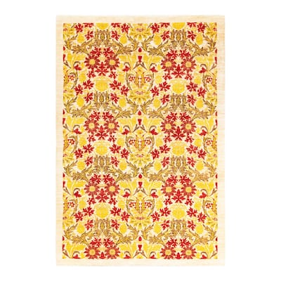 Overton Hand Knotted Wool Contemporary Floral Ivory Area Rug - 6' x 9'
