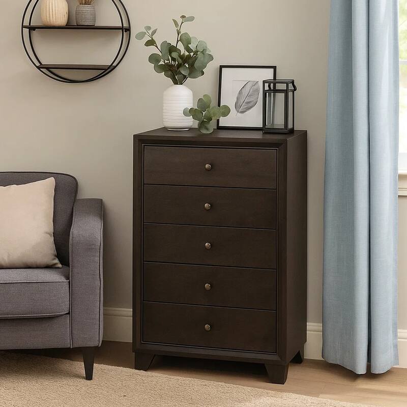 Wooden Chest with 5 Spacious Drawers , Espresso Brown