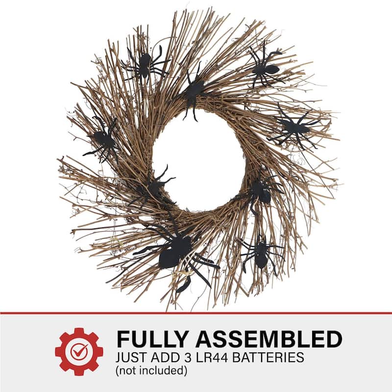 Haunted Hill Farm 20-In. Battery-Operated Natural Twig Wreath with LED Lights and Creepy Spiders