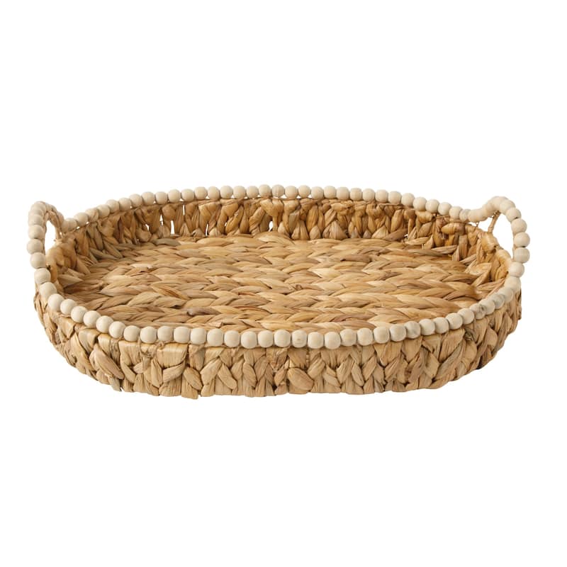Gibson Home 17-Inch Woven Decorative Serving Tray - Large Natural Water Hyacinth Basket with Wood-Bead Trim and Handles