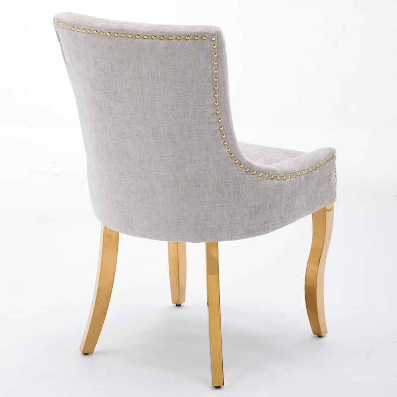 Chenille Dining Chairs, Modern Upholstered Accent Chair with Curved Gold-Plated Legs & Rivet Trim, Plush Fabric, Set of 2