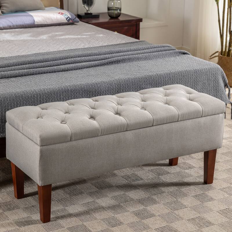 Porthos Home Ugo Fabric Storage Ottoman Bench with Rubberwood Legs - Grey