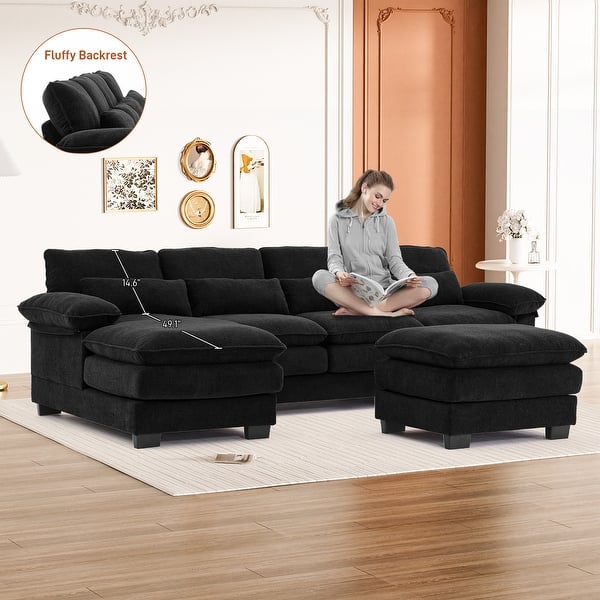 Ouyessir Soft Chenille Fabric U-shaped Sectional Sofa Set with Doudle Layer Cushion