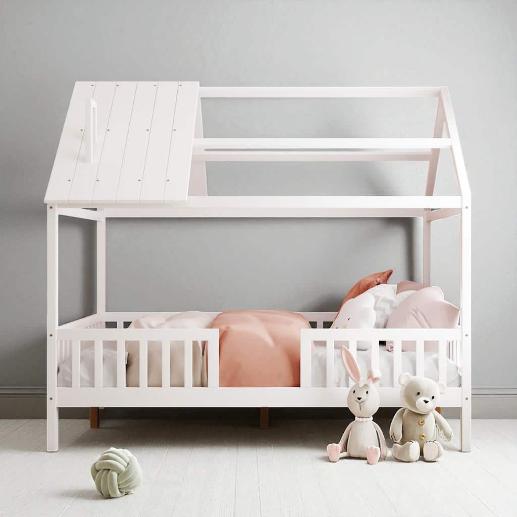 Full Size Wood House Bed Frame with Fence and Roof, Montessori-Inspired Kids Bed with Slats, No Box Spring Needed