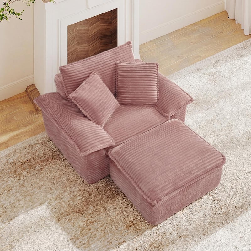 Rossetta Modern Modular Luxurious Corduroy-Fleece Fabric Double-Layer Cushion Design Deep Seat Sofa with 1 Ottoman - Pink