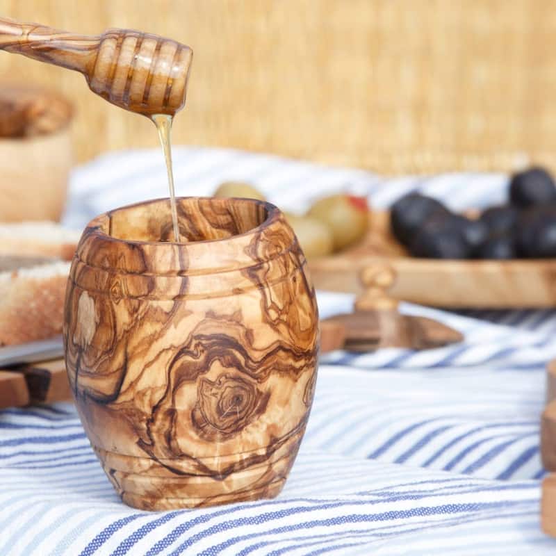 Olive wood honey pot with dipper spoon