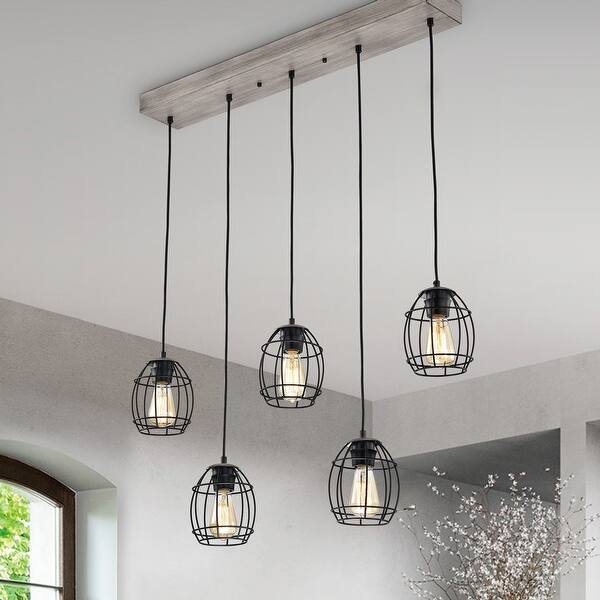 Black and Wood 5-Light Cluster Cage Kitchen Island Lighting ...