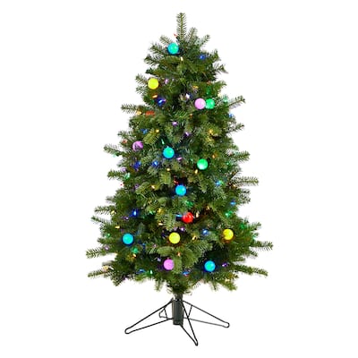 4' Montana Mountain Fir Artificial Christmas Tree with 200 Multi Color LED Lights, 25 Globe Bulbs and 394 Bendable Branches