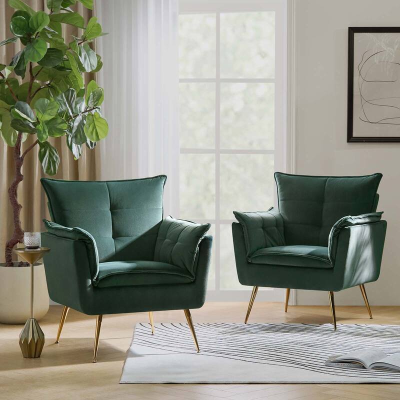 1ida Modern Velvet Tufted Accent Armchair with Gold Metal Legs Set of 2 by HULALA HOME - GREEN