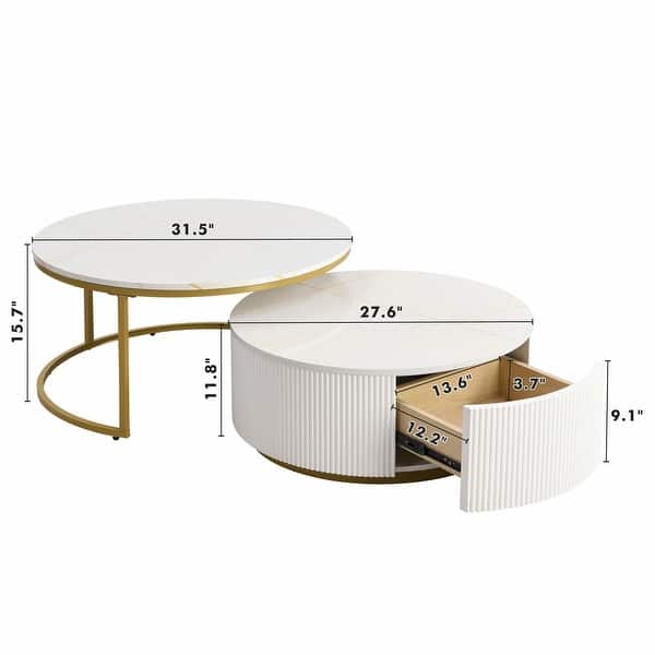 Modern Round Nesting Coffee Table with Fluted Design and Drawer - Bed ...