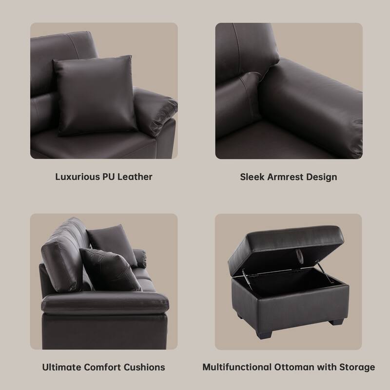 Upholstered Living Room Set, 4 Pieces - Faux Leather Chair, Loveseat, Sofa with Ottoman