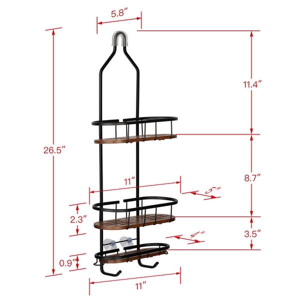 dimension image slide 0 of 4, Utopia Alley Tia Rustproof Teak Overhead Shower Caddy with 3 Shelves, Hanging Shower Head Organizer, Black & Chrome Finish