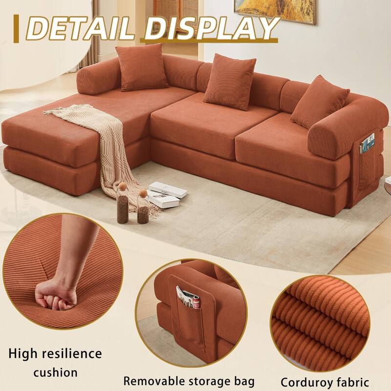 107" Orange Corduroy Modular Sectional Sofa Bed, 7-in-1, No Assembly