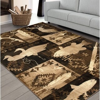 HR Lodge Cabin Nature Animals Area Rug Abstract Chocolate Brown/Beige ...