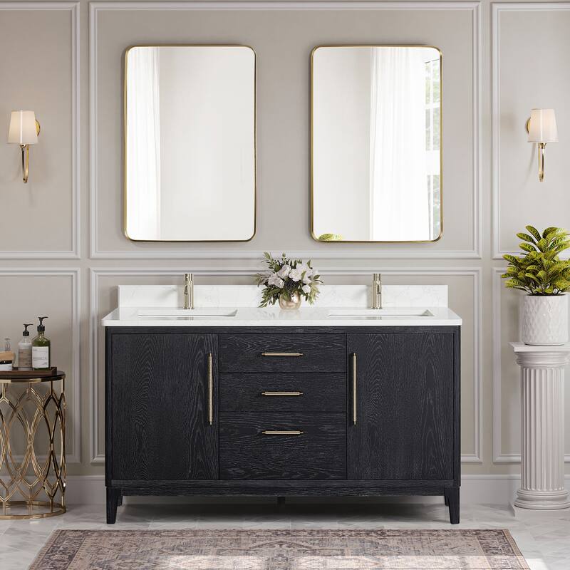 Gara Double Bath Vanity with Composite Stone Top and Mirror - 60in. - Fir Wood Black