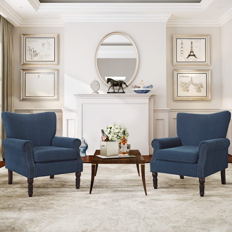 COZYMAN Modern Armchair Solid Wood Upholstered Fabric/Faux Leather Set of 2 Accent Chairs for Living Room - Blue/Fabric