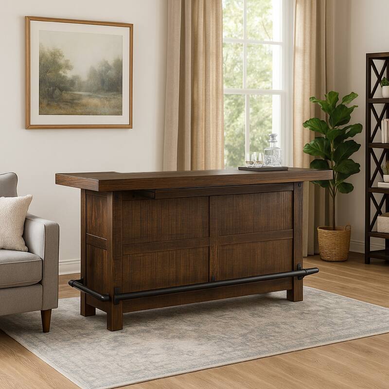 Flint Bar Counter Table, Pull Out Tray, Wine Racks, 80 Inch Brown Wood